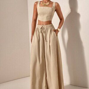 Khaki womens crop top & flowy wide legged pants textured fabric coord set
